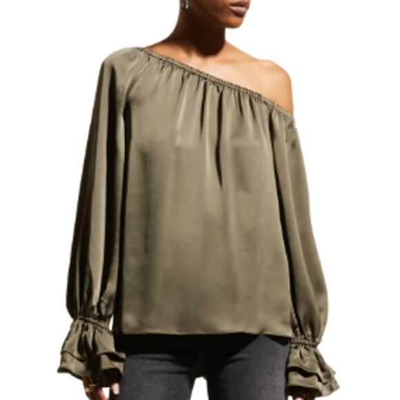 Ramy Brook M Murphy Off the Shoulder Ruffle Sleeve Top Satin Olive Gray Flowy - Picture 1 of 8